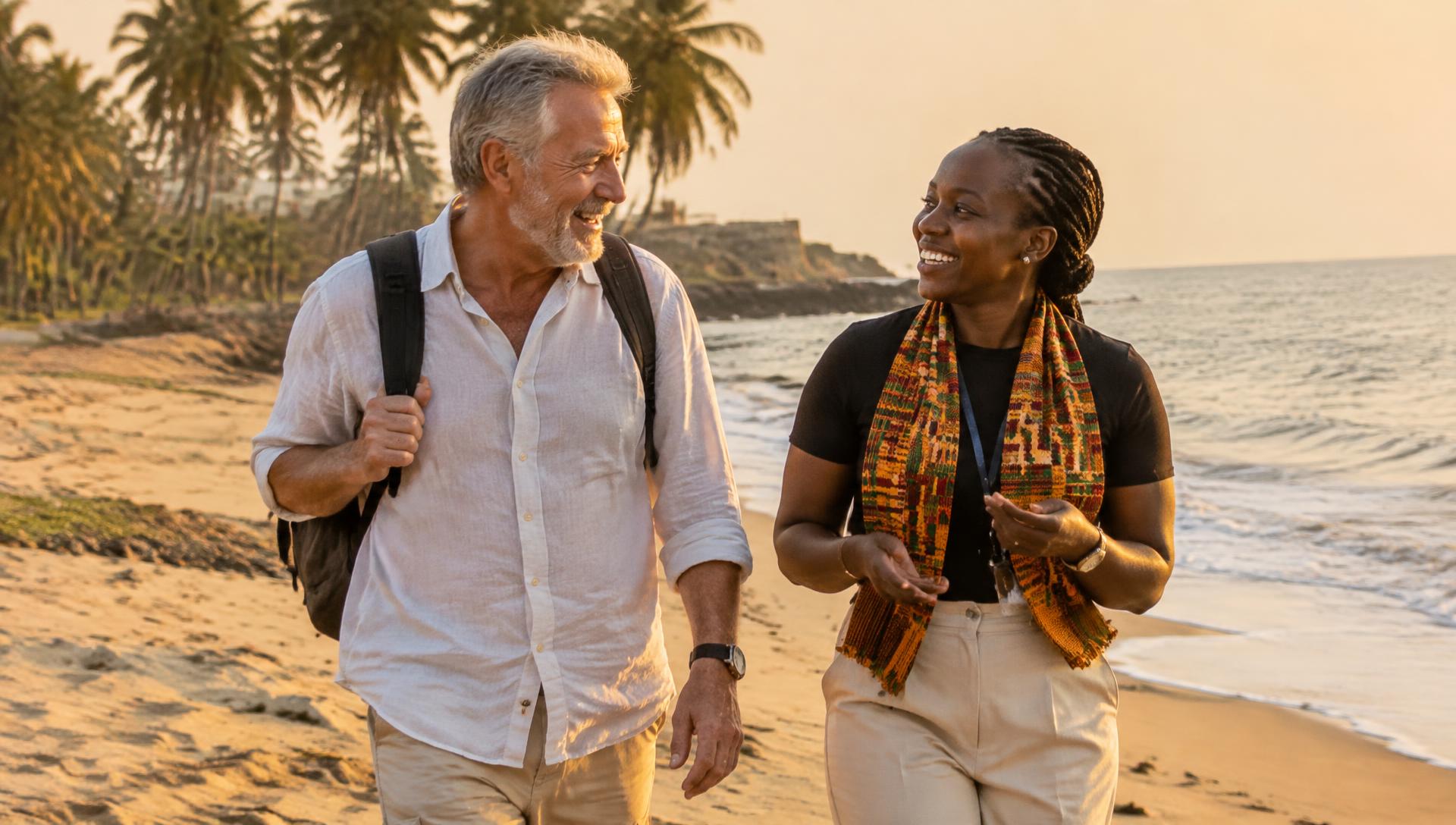 A traveller walking with a local guide along a palm-lined beach in Ghana at golden hour